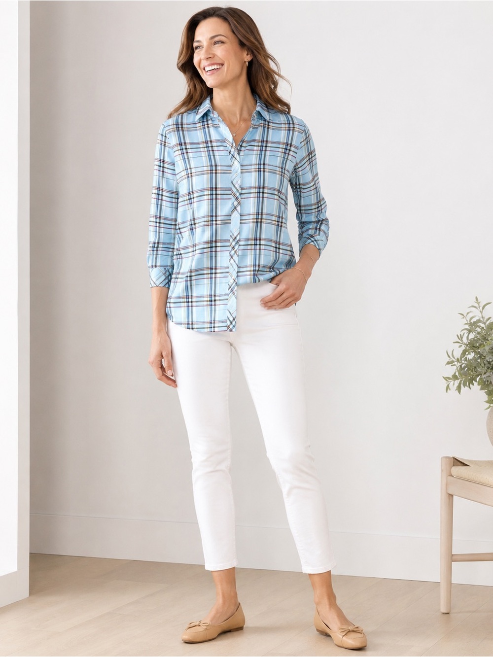 Talbots Petite Long Sleeve Plaid Button Down Shirt in Robin’s Egg Blue PL